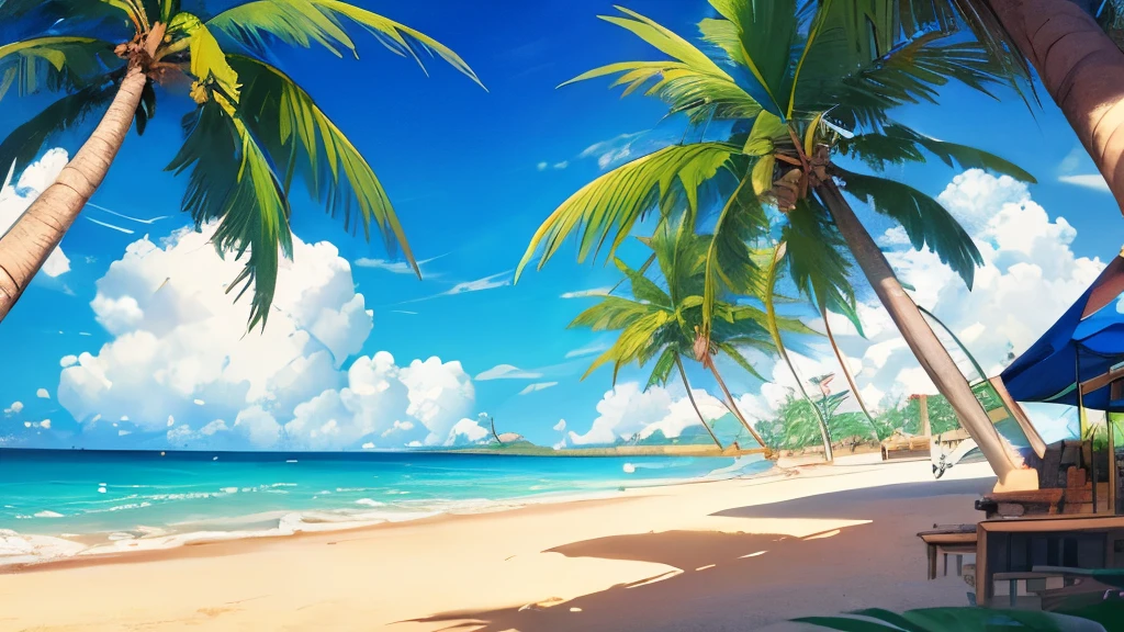 (masterpiece:1.2,highest quality),tropical seaside,Shot with an ultra-wide-angle prime lens,Beach,Palm tree,hibiscus,((Ghibli style)),8k resolution
