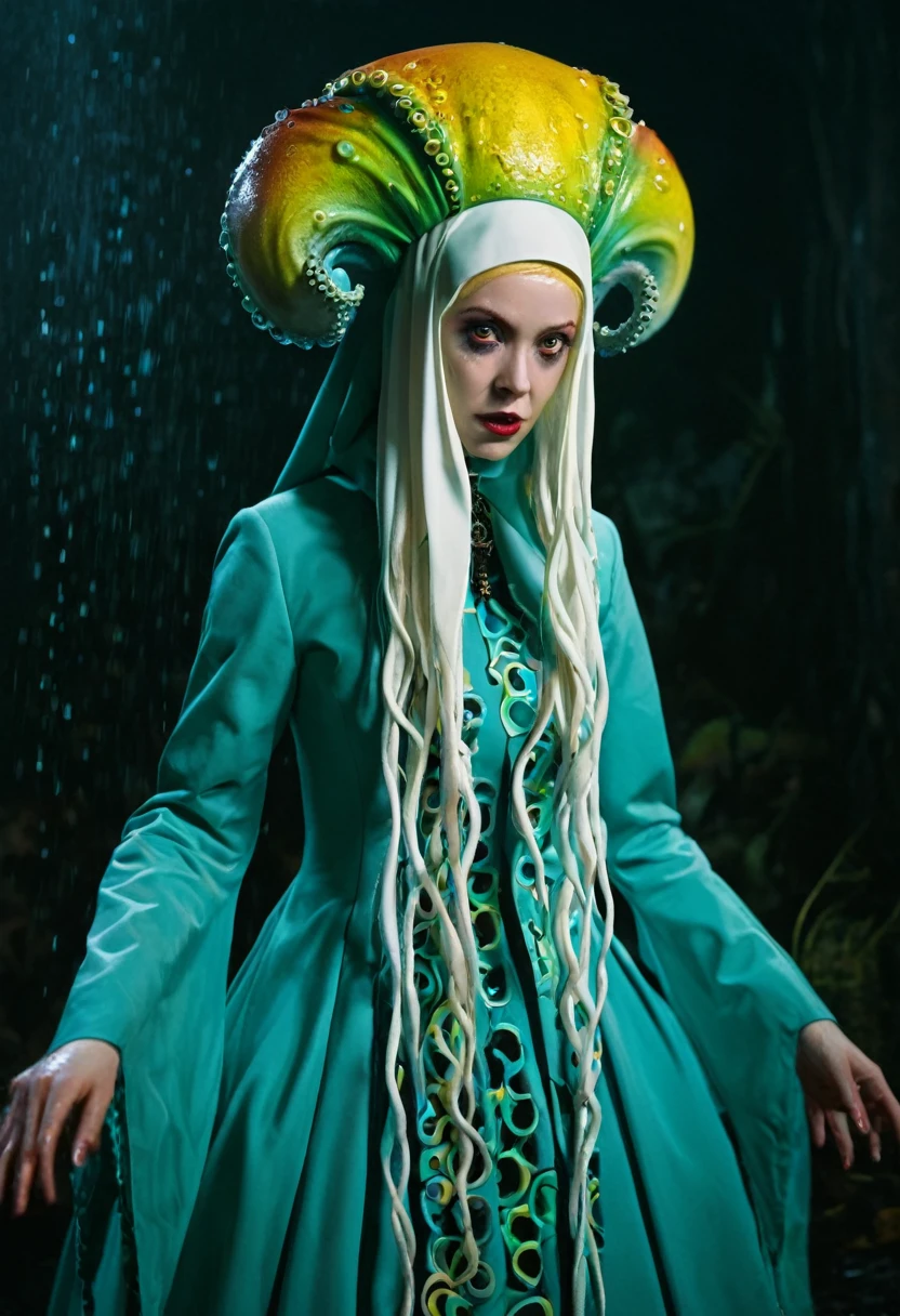 8K, ARTISTIC photogrAphy, best quAlity, mAsterpiece: 1.2), A (potrAit:1.2) witch BLOOD Toon Doll Cthulhu nun QUEEN, EYES, CYAN many octopus style tentacles, full body RAW candid cinema, yellow hair, 16mm, color graded portra 400 film, remarkable color, ultra realistic, sad admosphere, dark lighting, oppressive atmosphere, depressive colors, kodak portra 400, photograph,r, Natural Light, Pinhead lighgts, blur reflection, Brush Strokes, Smooth, abstract, Splatter, Oil On Canvas, rainbow colors, fractal isometrics details bioluminescens : a stunning realistic photograph of wet bone structure, 3d render, octane render, intricately detailed, titanium decorative headdress, cinematic, trending on artstation | Isometric | Centered
