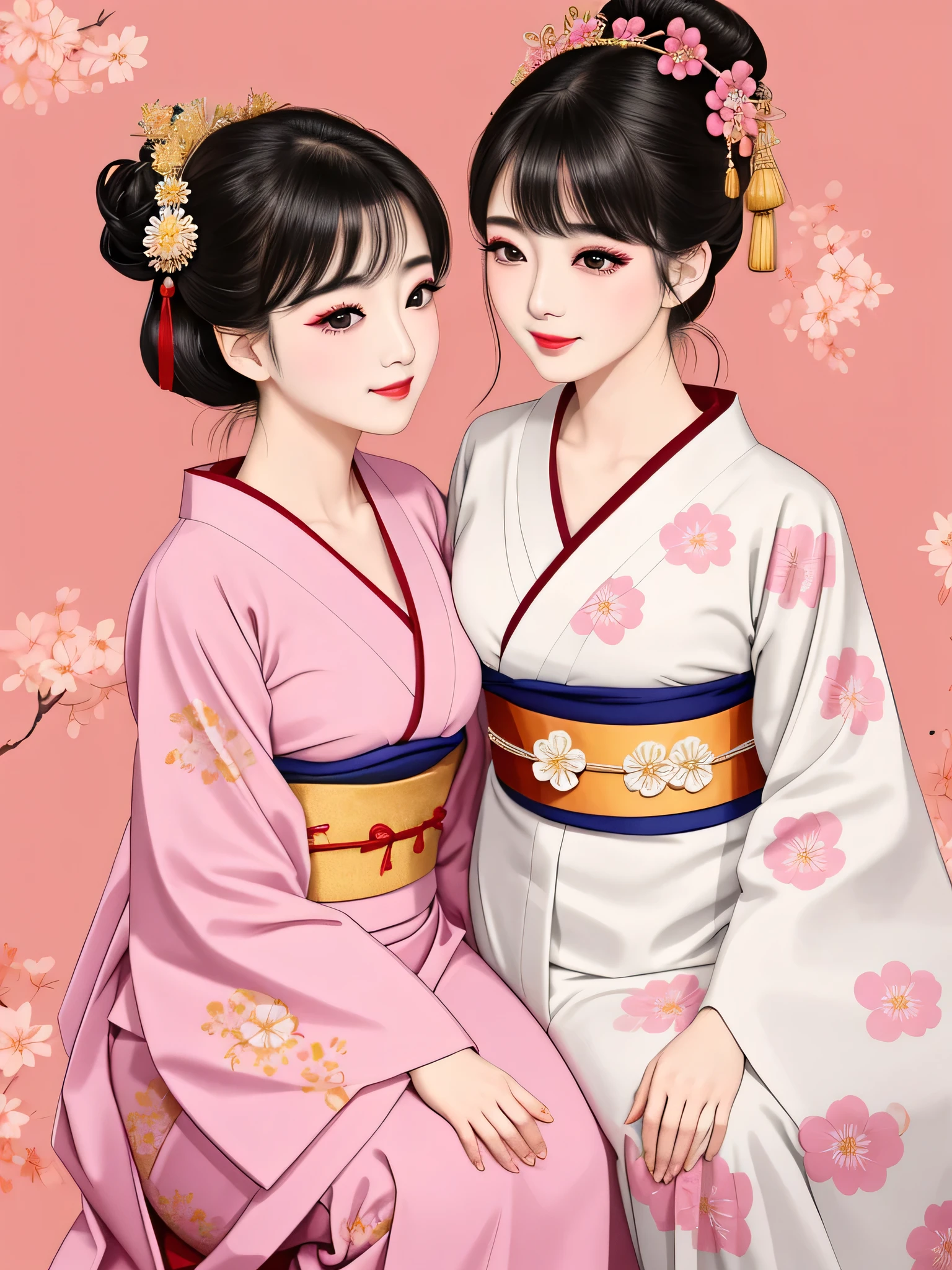 Each has a different expression２People and sisters、(２ girls）、｟Dancing traditional arts with grace)、((Big Breasts、Small Face、Not exposed))、highest quality、masterpiece、（Black Hair、Bun Hair）、Brown Eyes、｟Wide angle、Angle from above the waist、Pause on the magazine cover、Their gazes are different, gazing into the distance｠、(８K High Quality、masterpiece、High resolution、Realistic and beautiful light and shadow、(highest quality)、(High Resolution)、(Very delicate and beautiful)、(Beautiful 8k face)、(With a smile、Beautiful eyes)、(Clear skin)、(Soft hair)、(８Head to Body)、(A Japanese style yukata kimono with red, pink and orange floral patterns on a white background, interspersed with gold powder、Wearing a yukata２Beautiful Japanese girls)、((Tanabata decoration background))、((Small Face))、(arms up)、Thin and small nose、（Red lipstick）、（Make your cheeks red）、（Glossy skin）、((Ink painting style))、Very thin eyebrows、Overall ultra-high image quality、（She is wearing maiko-style makeup.）、Whitening、Long and beautiful eyelashes、Glowing Skin、（Red cheeks）,Straight nose、masterpiece、highest quality、whole body、 Eyebrows visible through hair、Bun Hair、Grin、Gal、Gal、Viewer&#39;s Eyes、Plaid、Stylish、woman、fine、Pause、
Waiting to start 
