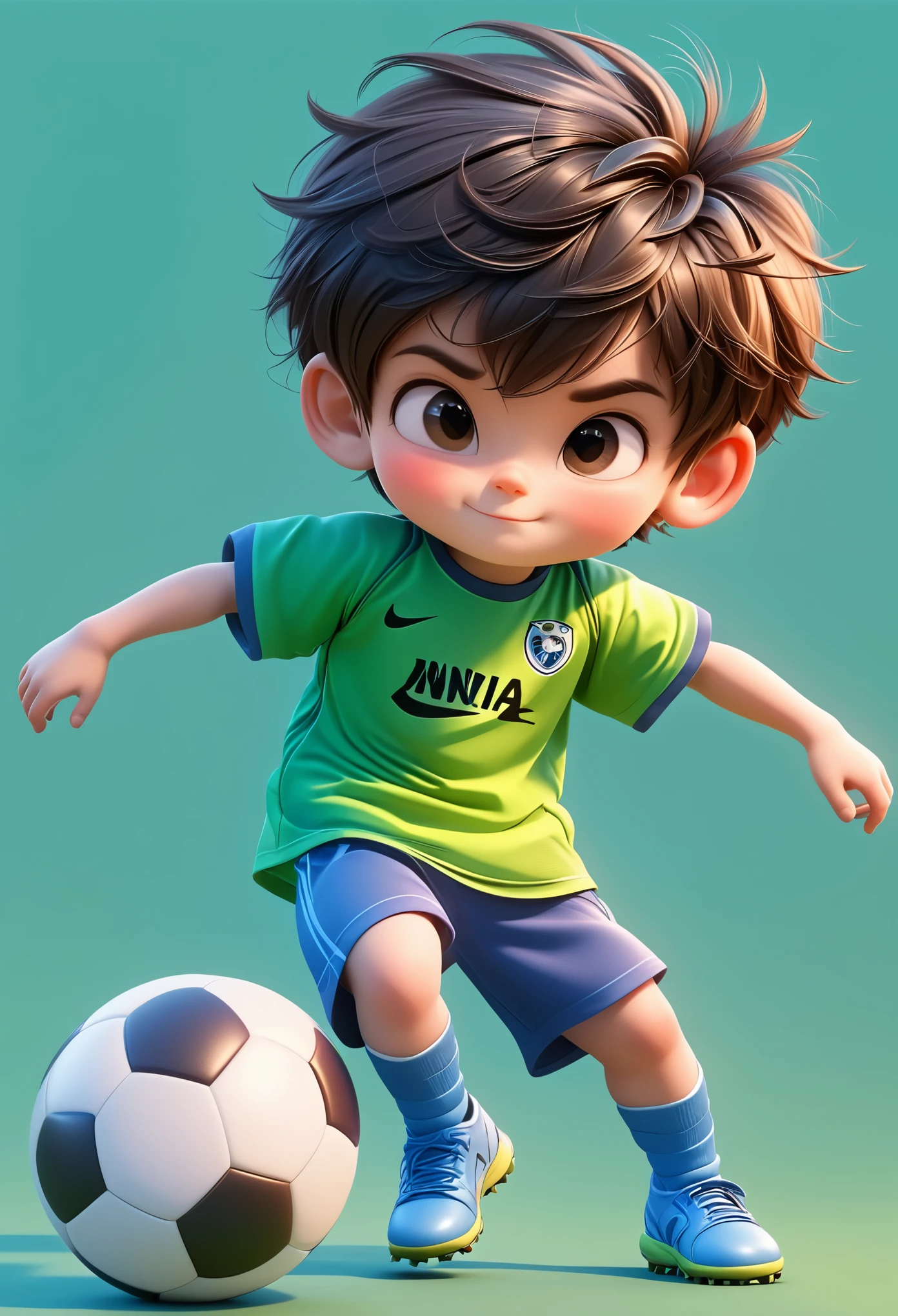 3D，Little boy playing soccer，Sportswear Set，Cartoon Style