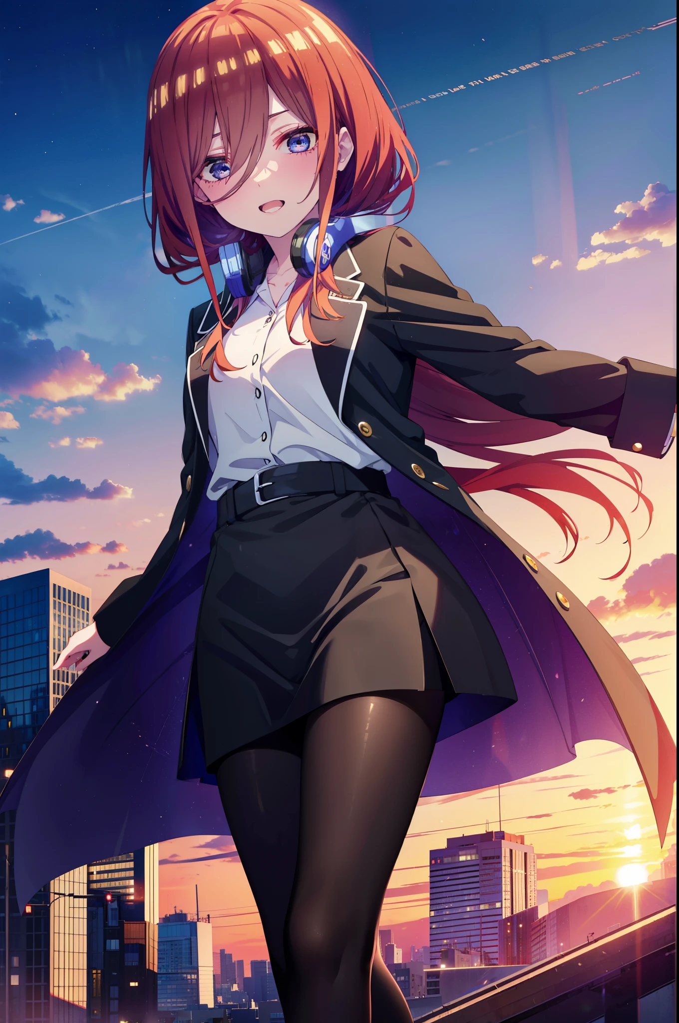 Miku Nakano, Miku Nakano, Long Hair, bangs, blue eyes, Brown Hair,,Blue Hairband ,Hair between the eyes, happy smile, smile, Open your mouth,Headphones around the neck,OL, Akagi Glasses, Black suit jacket, Collared jacket, White dress shirt, Collared shirt, Neckline, button, Black pencil skirt, Black Pantyhose,Stiletto heels,too,sunset,evening,too陽が沈んでいる, As if your whole body is in the illustration,Looking up from below,
break outdoors, city,Building district,
break looking at viewer, (Cowboy Shot:1. 5)
break (masterpiece:1.2), highest quality, High resolution, unity 8k wallpaper, (shape:0.8), (Beautiful details:1.6), Highly detailed face, Perfect lighting, Extremely detailed CG, (Perfect hands, Perfect Anatomy),