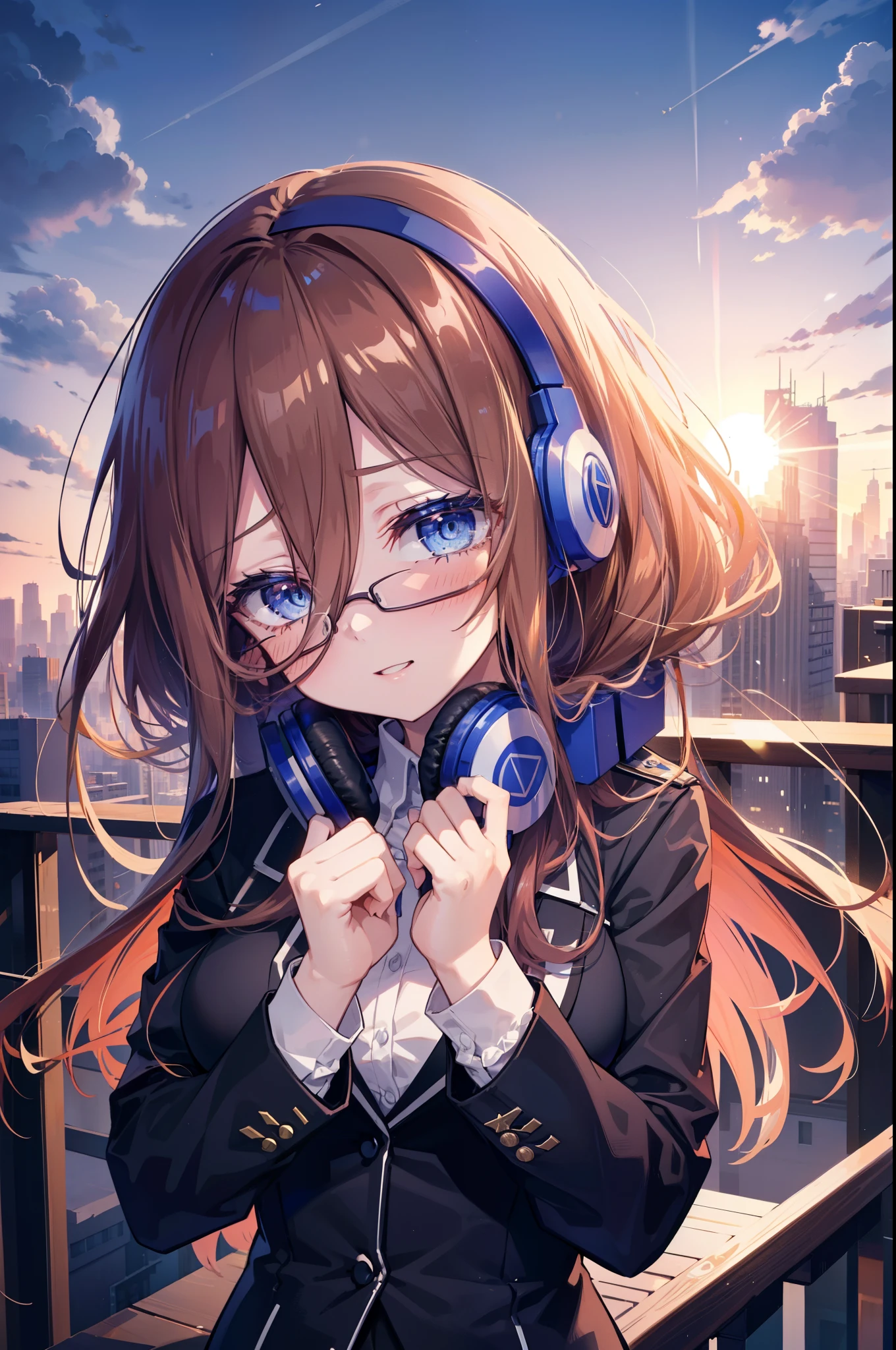 Miku Nakano, Miku Nakano, Long Hair, bangs, blue eyes, Brown Hair,,Blue Hairband ,Hair between the eyes, happy smile, smile, Open your mouth,Headphones around the neck,OL, Akagi glasses, Black suit jacket, Collared jacket, White dress shirt, Collared shirt, Neckline, button, Black pencil skirt, Black pantyhose,Stiletto heels,So that the whole body goes into the illustration,sunset,evening,The sun is setting, Looking up from below,
break outdoors, city,Building district,
break looking at viewer,  (Cowboy Shot:1. 5)
break (masterpiece:1.2), highest quality, High resolution, unity 8k wallpaper, (shape:0.8), (Beautiful details:1.6), Highly detailed face, Perfect lighting, Extremely detailed CG, (Perfect hands, Perfect Anatomy),