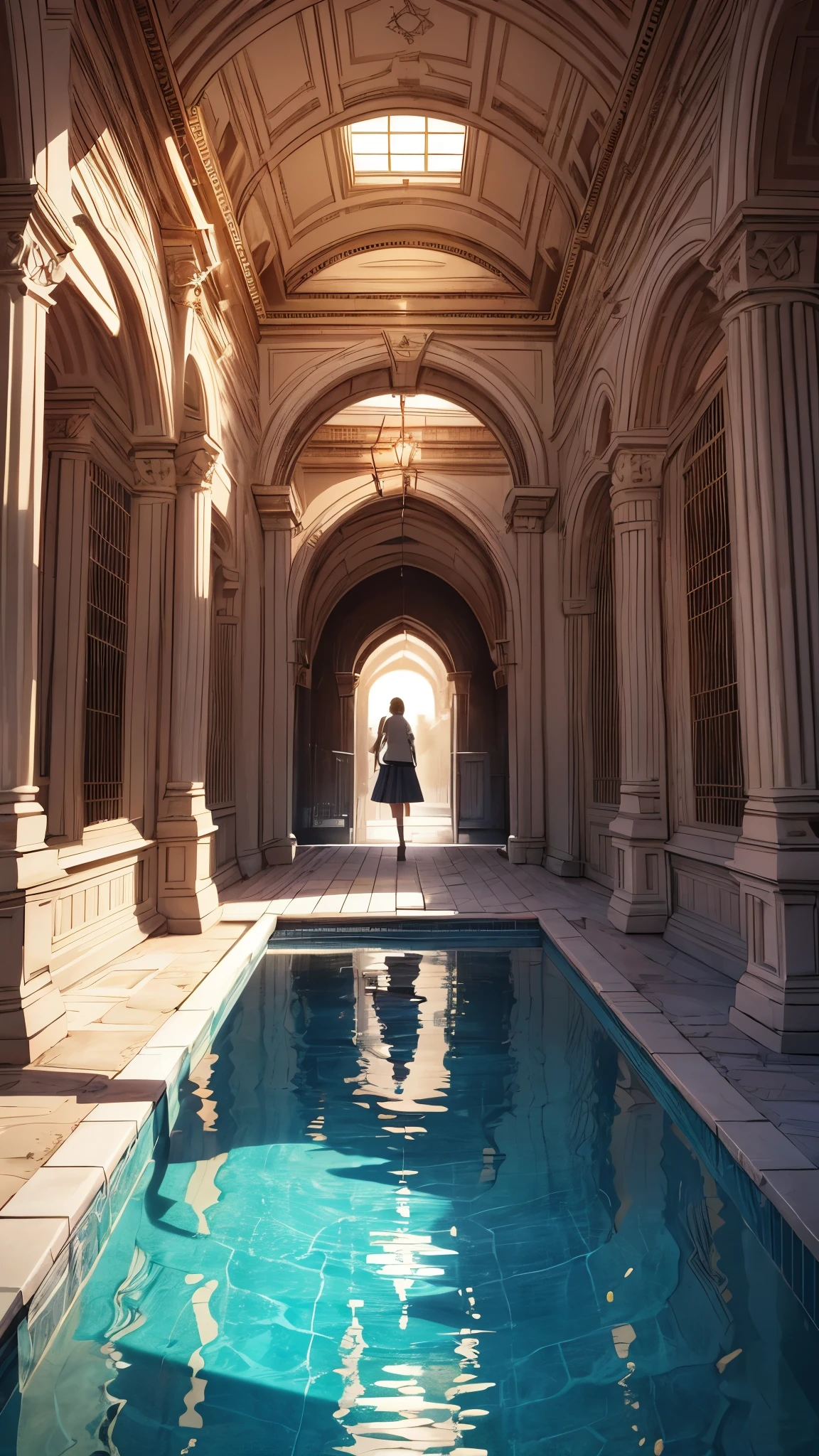 (highest quality, High resolution, Vibrant colors, Realistic), (Inside a giant maze made from a pool), 1 girl, 20-year-old female, Wear military-style clothing, Short Blonde, Finding your way through the maze, Mysterious lighting, 非Realisticな雰囲気, Yellowed lighting,Yellowed ceiling,Yellow wall,yellow floor,Towering walls, complicated route, Distorted reflections, hidden passage, Quiet and eerie, sense of adventure, Expectations, expedition, A mind-blowing twist, Unexpected Encounter, separation, vast and infinite, Immersive Experience, Escape to another world, 非Realisticな旅