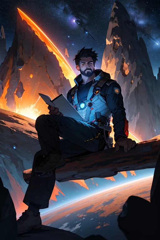Draw a young programmer, sitting on a research platform floating in the middle of an asteroid belt. He is studying with a notebook, surrounded by several asteroids glowing with fiery auras. Dramatic lighting from distant stars and planets illuminates the scene, casting deep shadows on the suit. The young man looks confident and determined, looking at the vast and mysterious universe with wonder and respect, hair, cowboy shot,