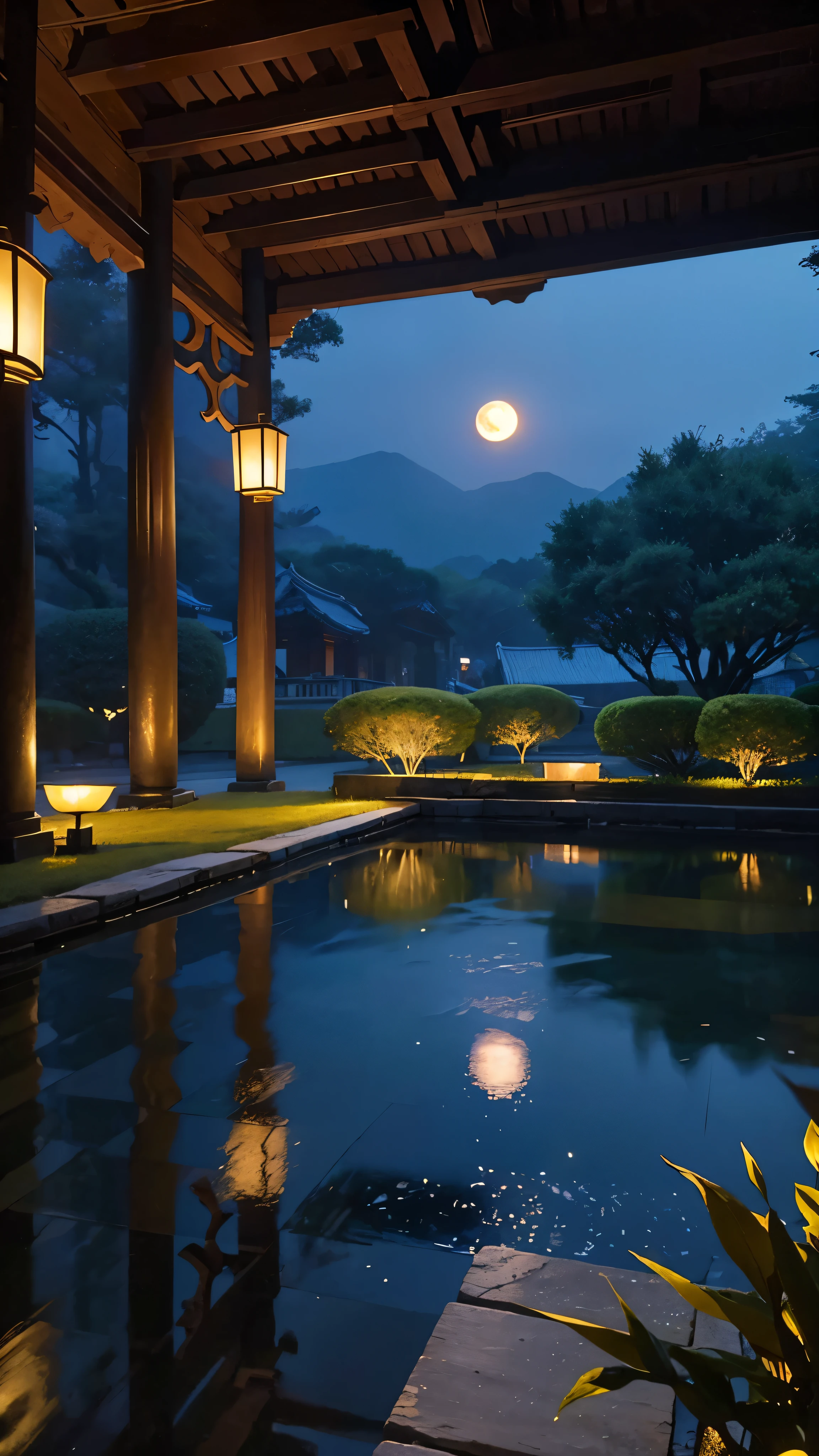 with high definition images,Ancient Chinese architecture enveloped in the silence of midnight、A hall with a tranquil garden as a backdrop々Standing there。The full moon is、A meticulously crafted building、Its intricate design、And the soft moonlight casts a gentle glow on the precise lines.。In the foreground、A stone bridge spans the crystal clear lake.、Its reflection sparkles under the moon's gaze。Bamboo stalks swaying in the night breeze、A tall silhouette of a dark tree in the distance々In contrast to。The sound of running water can be heard in the background.、Plays a soothing melody