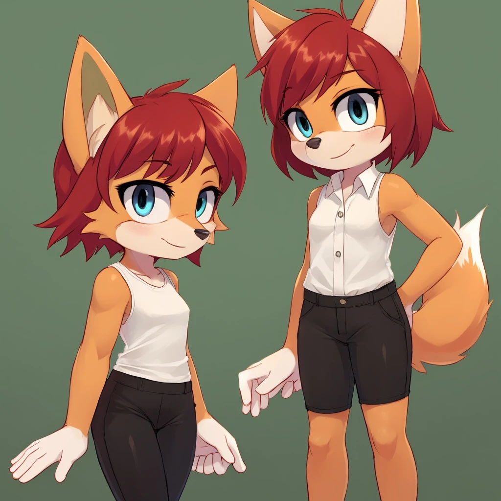 furry female, green eyes, black pants, short hair, sleeveless shirt, red hair, bangs, orange fur, blue eyes, fox mobian, toned, white shirt, black pants
