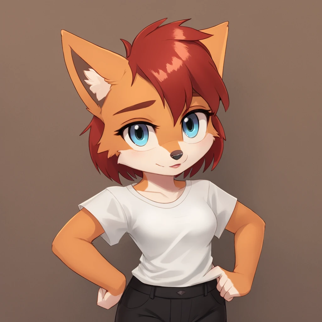 furry female, green eyes, black pants, short hair, sleeveless shirt, red hair, bangs, orange fur, blue eyes, fox mobian, toned, white shirt, black pants