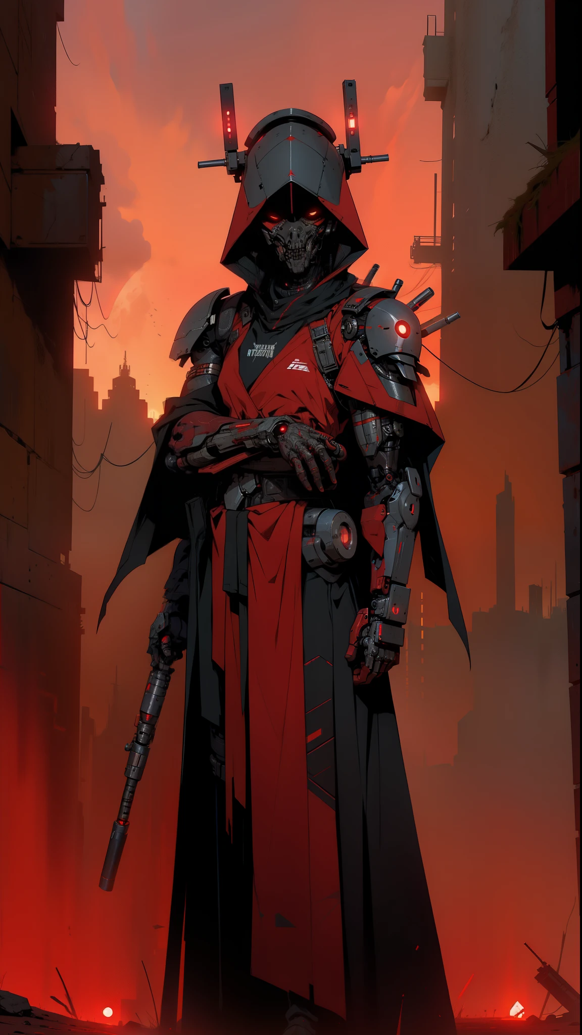 derpd, lethal cyborg assassin wearing robes armor, danger, red sky,post apocalypse 