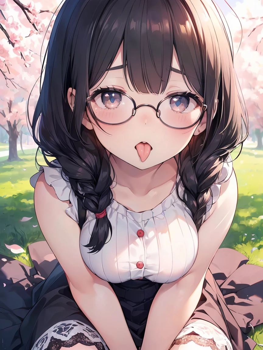 Very detailed, highest quality, High resolution, Moe Anime, ((Cute girl with black hair and droopy eyes)), ((Wearing large round glasses:1.4)), (Baby Face), Cute eyes, Detailed eye depiction, Sparkle in the eyes, View your viewers, Pale skin, (Big eyes:1.4, Droopy eyes:1.4, Fatty face:1.4), Focus on the face, In the park with cherry blossoms falling, Sitting, (Extreme close up of tongue), (((From above))), Open your mouth, (((Face only:1.3))), ((white lace tube top dress)), Bright Eyes, Light from the front, (Put your hands between your legs:1.4), (large and long tongue:1.1)