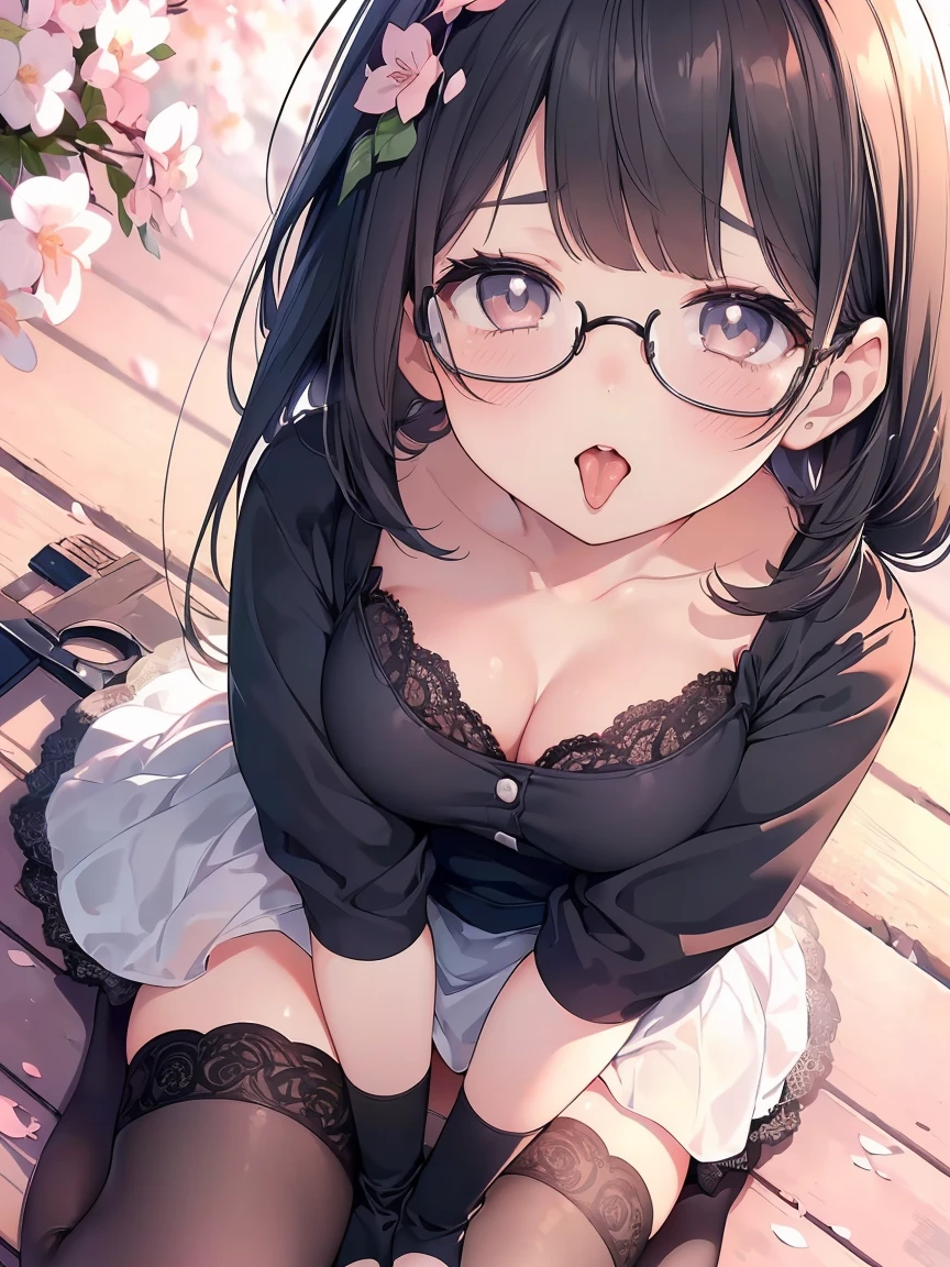 Very detailed, highest quality, High resolution, Moe Anime, ((Cute girl with black hair and droopy eyes)), ((Wearing large round glasses:1.4)), (), Cute eyes, Detailed eye depiction, Sparkle in the eyes, View your viewers, Pale skin, (Big eyes:1.4, Droopy eyes:1.4, Fatty face:1.4), Focus on the face, In the park with cherry blossoms falling, Sitting, (Extreme close up of tongue), (((From above))), Open your mouth, (((Face only:1.3))), ((white lace tube top dress)), Bright Eyes, Light from the front, (Put your hands between your legs:1.4), (large and long tongue:1.1)