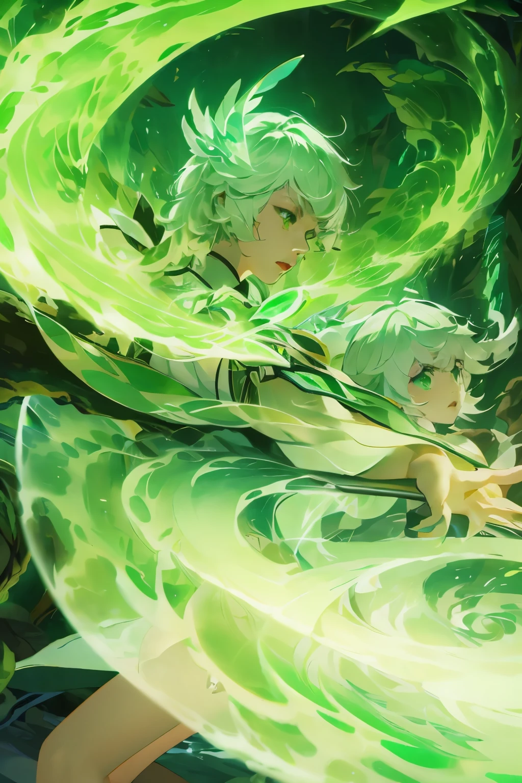 Hanfu, (Ru_group), Tree, pool, white hair, Green Eyes, Nashida_Genshin Impact, child, masterpiece, best quality