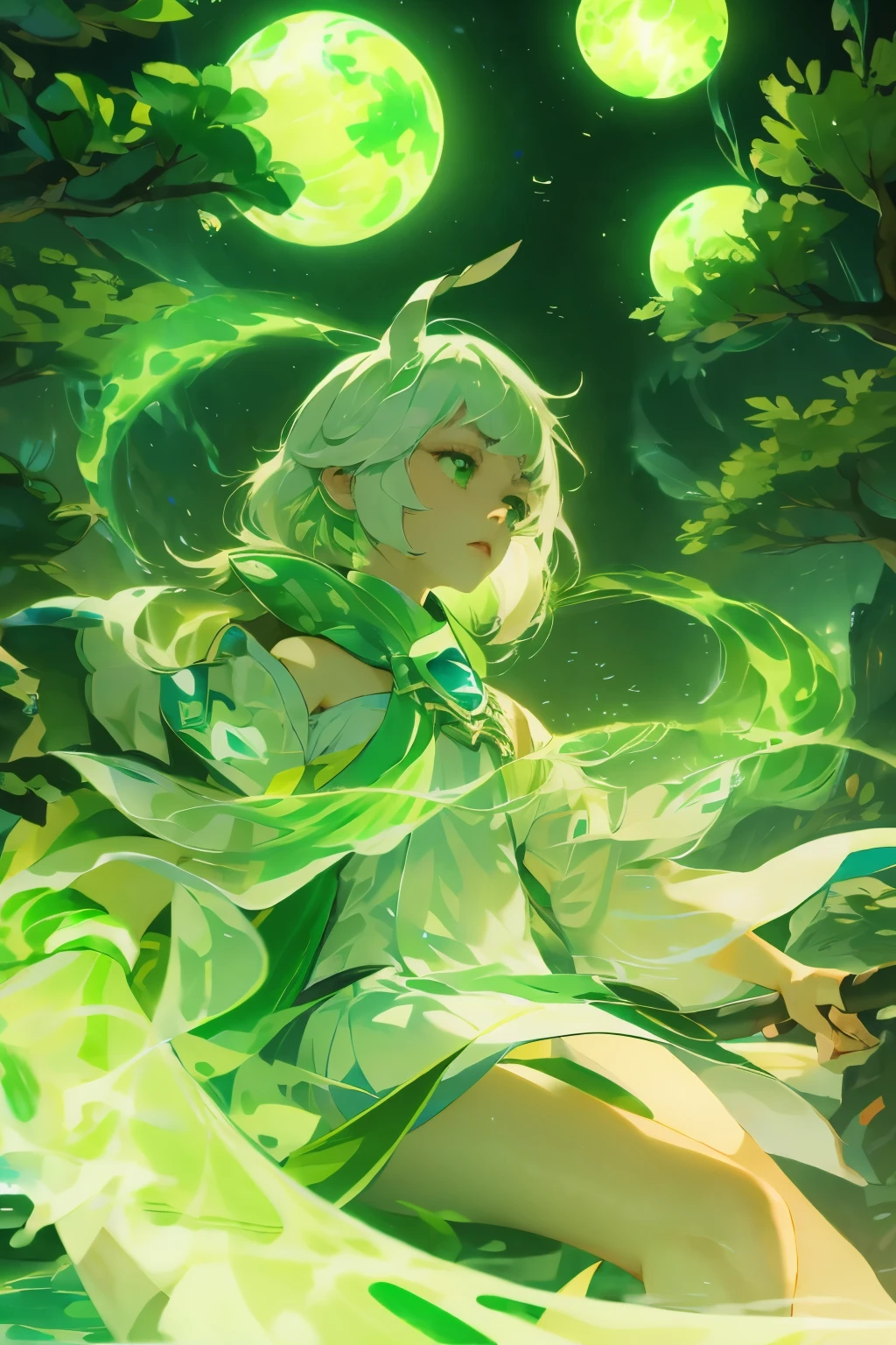 Hanfu, (Ru_group), Tree, pool, white hair, Green Eyes, Nashida_Genshin Impact, child, masterpiece, best quality