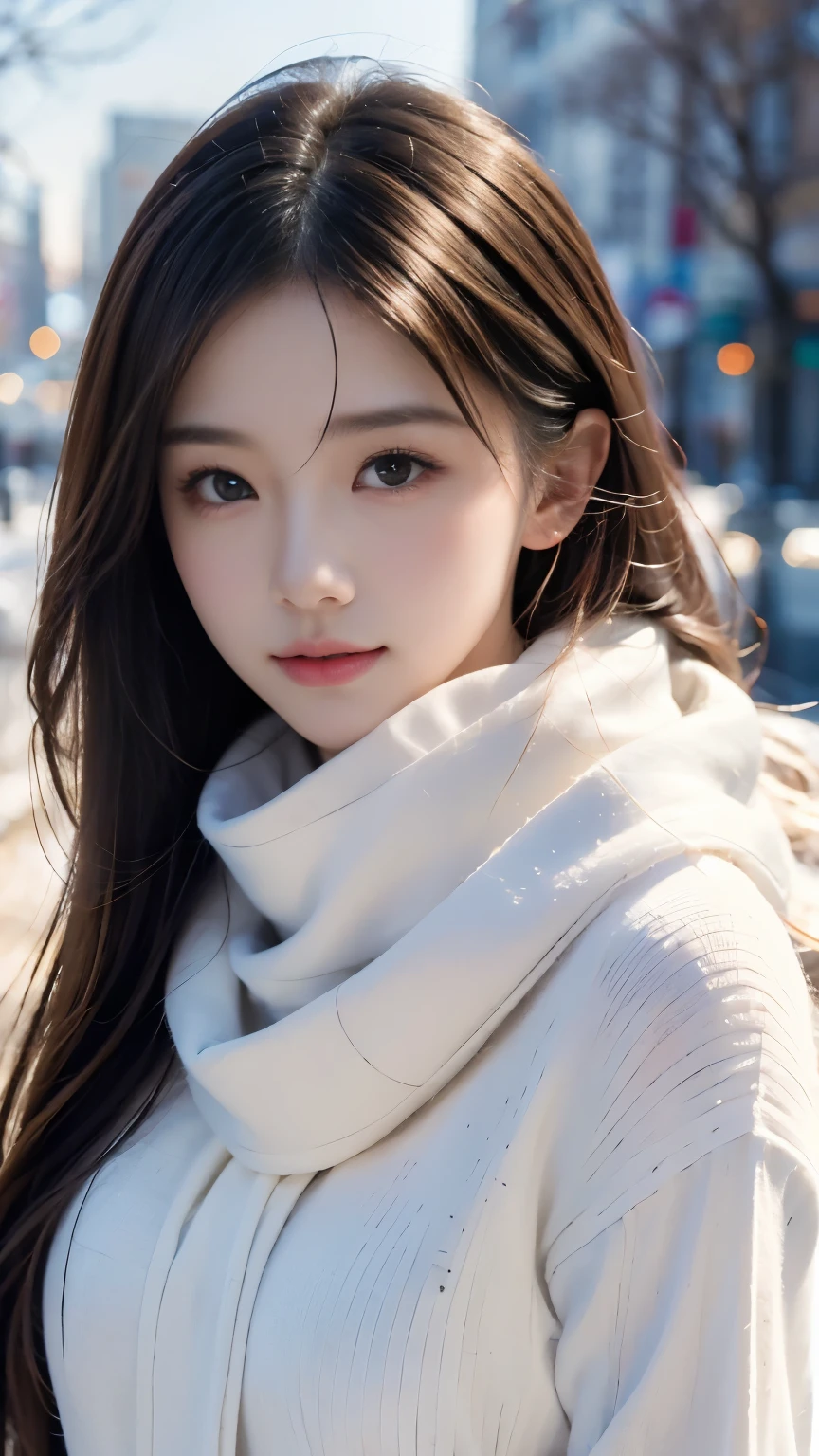 Focus:1.2, perfect figure beautiful woman:1.4,，Best face quality, Ultra-high facial detail，Ultra-high pupil detail，slimfigure，Smaller bust，at winter season，scarf，outside，rays of sunshine，yukito