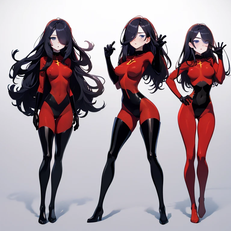 (full body),masterpiece, highest quality, One girl, Violet Par,  Blue eyes，Long Hair, Black Hair,  Hair on one eye,  (Red hero suit)，Red bodysuit，black elbow gloves，Black Thigh Boots，Thick thighs，Place one hand on hip，Squat，Spread your legs，View your viewers, Face to endure humiliation, Simple Background 