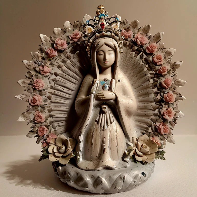 estatua de una mujer con una corona y una corona de flores, 3 d Escultura de arcilla, Arte en arcilla, Virgin Mary, Escultura de arcilla, escultura religiosa, detailed Modelo de arcilla, reina del cielo, figura de arcilla 3d, Modelo de arcilla, con intrincados detalles, cgi Escultura de arcilla, made in maya, Ceramic statue, portrait of Virgin Mary, escultura muy detallada, religious iconography
