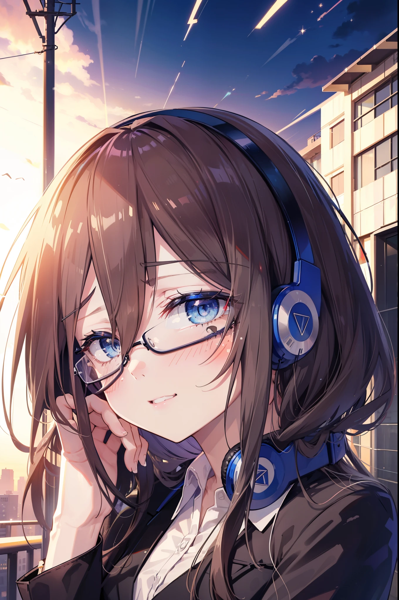 Miku Nakano, Miku Nakano, Long Hair, bangs, blue eyes, Brown Hair,,Blue Hairband ,Hair between the eyes, happy smile, smile, Open your mouth,Headphones around the neck,OL, Akagi glasses, Black suit jacket, Collared jacket, White dress shirt, Collared shirt, Neckline, button, Black pencil skirt, Black pantyhose,Stiletto heels,So that the whole body goes into the illustration,sunset,evening,The sun is setting, Looking up from below,
break outdoors, city,Building district,
break looking at viewer, (Cowboy Shot:1. 5)
break (masterpiece:1.2), highest quality, High resolution, unity 8k wallpaper, (shape:0.8), (Beautiful details:1.6), Highly detailed face, Perfect lighting, Extremely detailed CG, (Perfect hands, Perfect Anatomy),