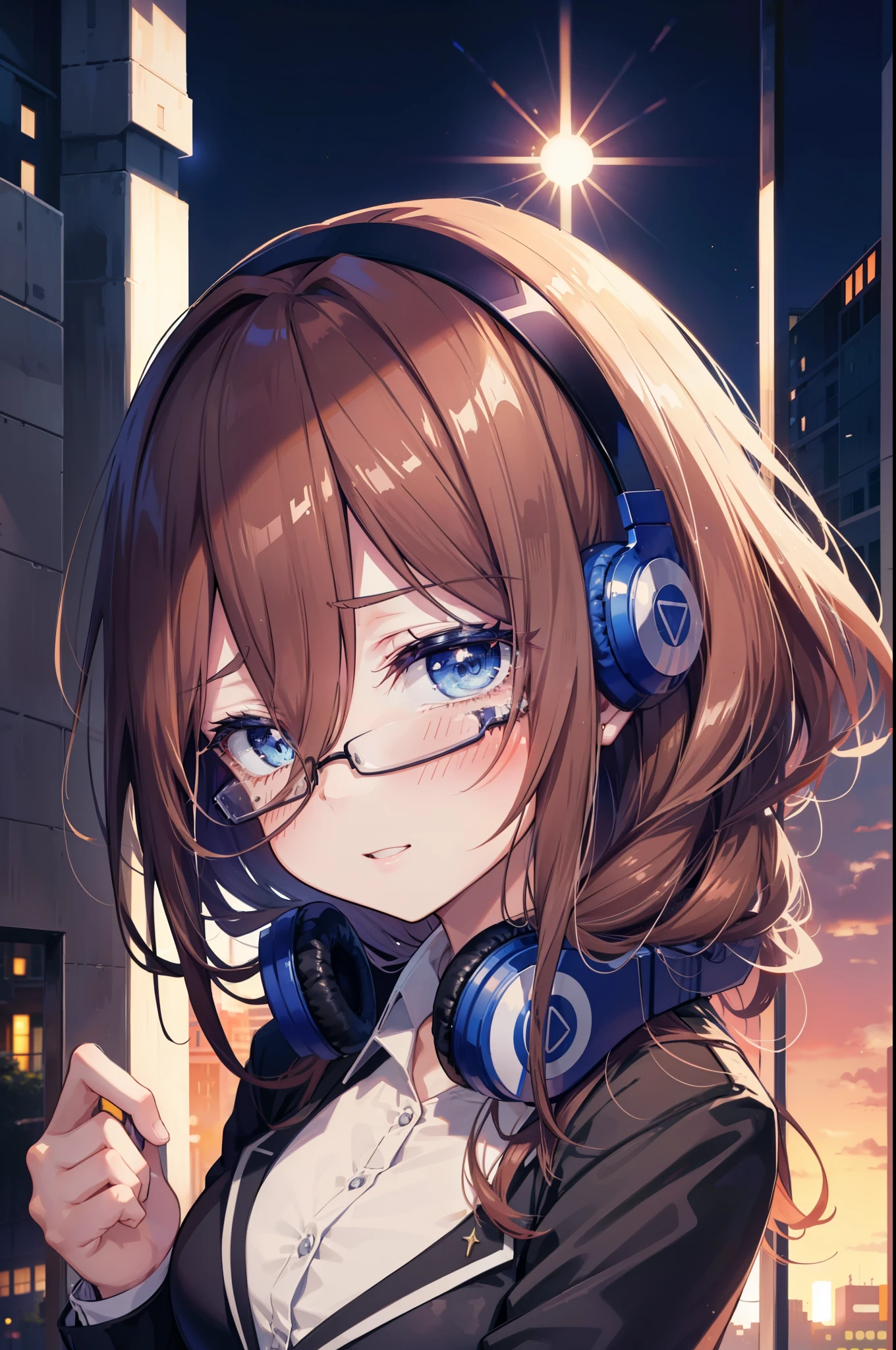 Miku Nakano, Miku Nakano, Long Hair, bangs, blue eyes, Brown Hair,,Blue Hairband ,Hair between the eyes, happy smile, smile, Open your mouth,Headphones around the neck,OL, Akagi glasses, Black suit jacket, Collared jacket, White dress shirt, Collared shirt, Neckline, button, Black pencil skirt, Black pantyhose,Stiletto heels,So that the whole body goes into the illustration,sunset,evening,The sun is setting, Looking up from below,
break outdoors, city,Building district,
break looking at viewer,  (Cowboy Shot:1. 5)
break (masterpiece:1.2), highest quality, High resolution, unity 8k wallpaper, (shape:0.8), (Beautiful details:1.6), Highly detailed face, Perfect lighting, Extremely detailed CG, (Perfect hands, Perfect Anatomy),