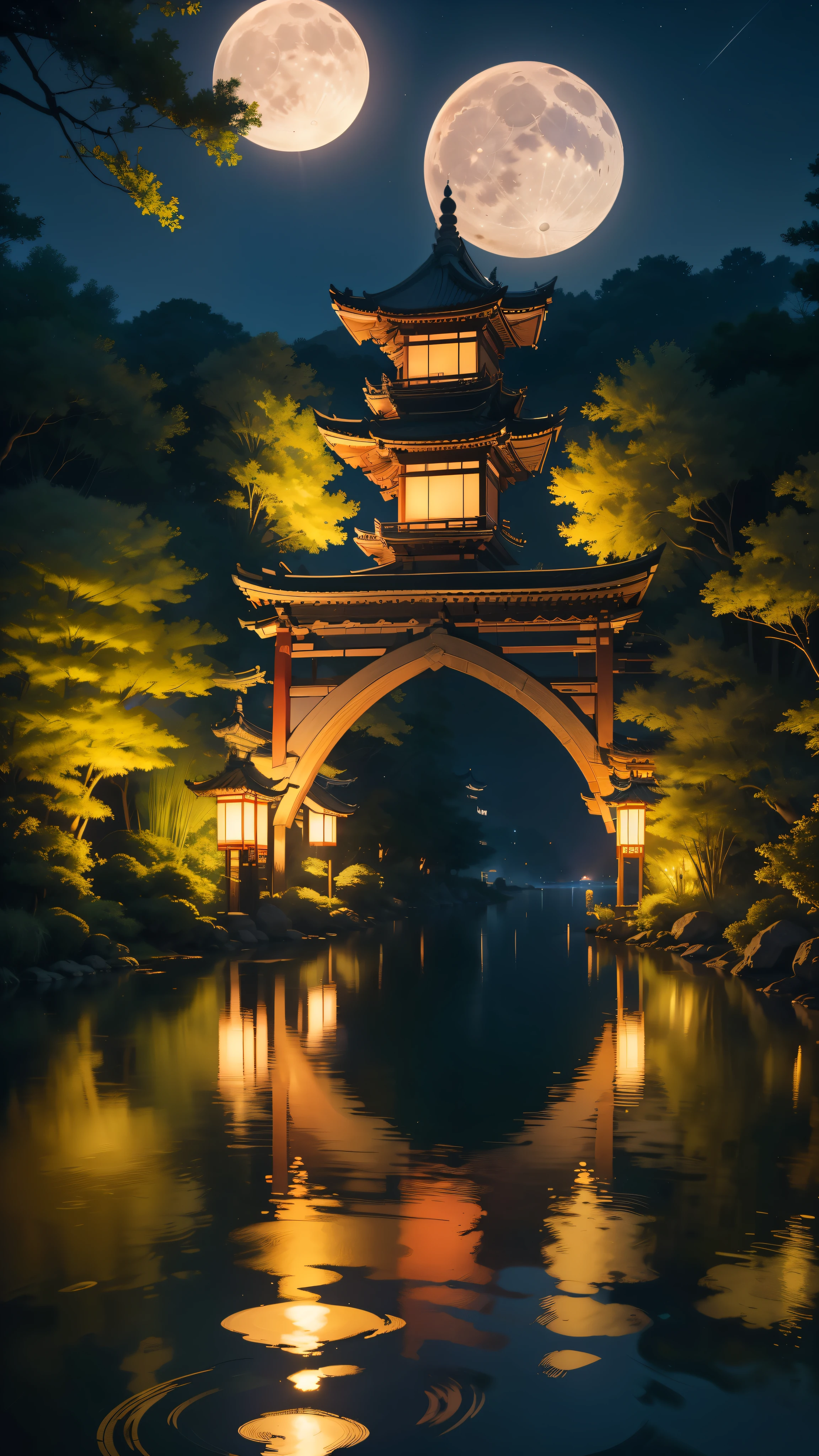 Ancient Chinese architecture, shrouded in the stillness of midnight, stands majestically against the backdrop of a tranquil garden. The full moon casts a gentle glow over the meticulously crafted buildings, their intricate designs and precise lines illuminated in the soft lunar light. In the foreground, a stone bridge arches gracefully over a crystal-clear lake, its reflection shimmering beneath the moon's gaze. Bamboo stalks sway gently in the night breeze, their tall silhouettes contrasting against the darkened trees in the distance. The sound of running water can be heard in the background, adding a calming melody to the serene scene.

A