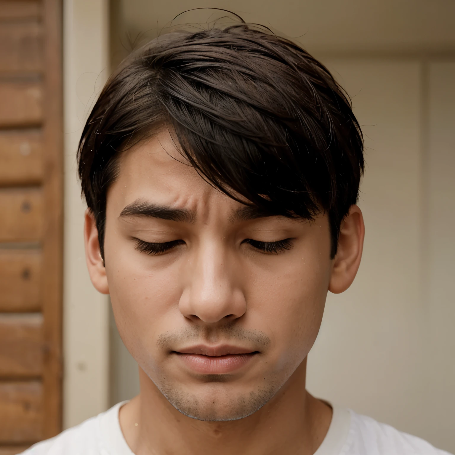 Boy with short hair sneezing nose covering nose