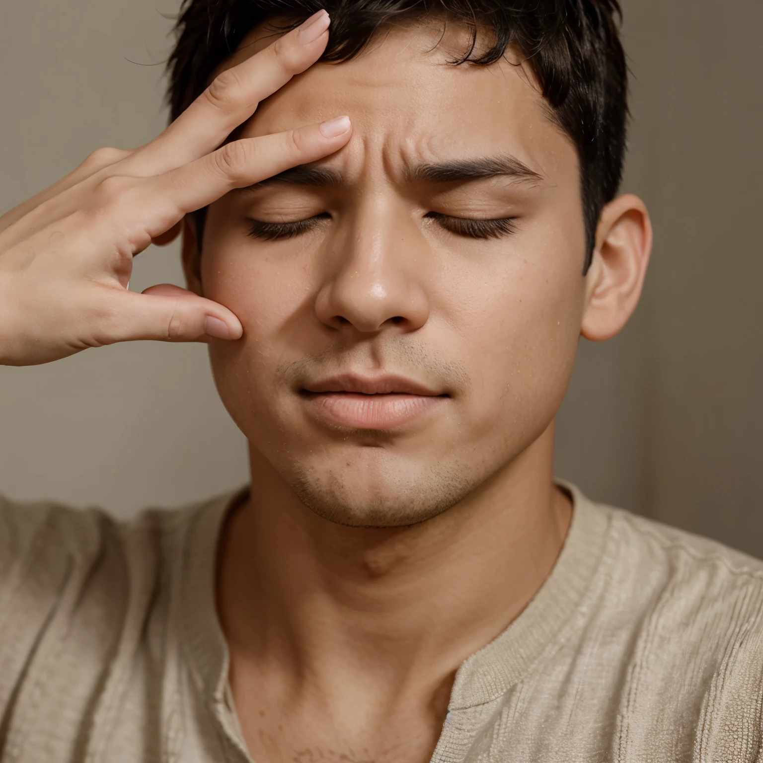 Boy with short hair sneezing nose covering nose
