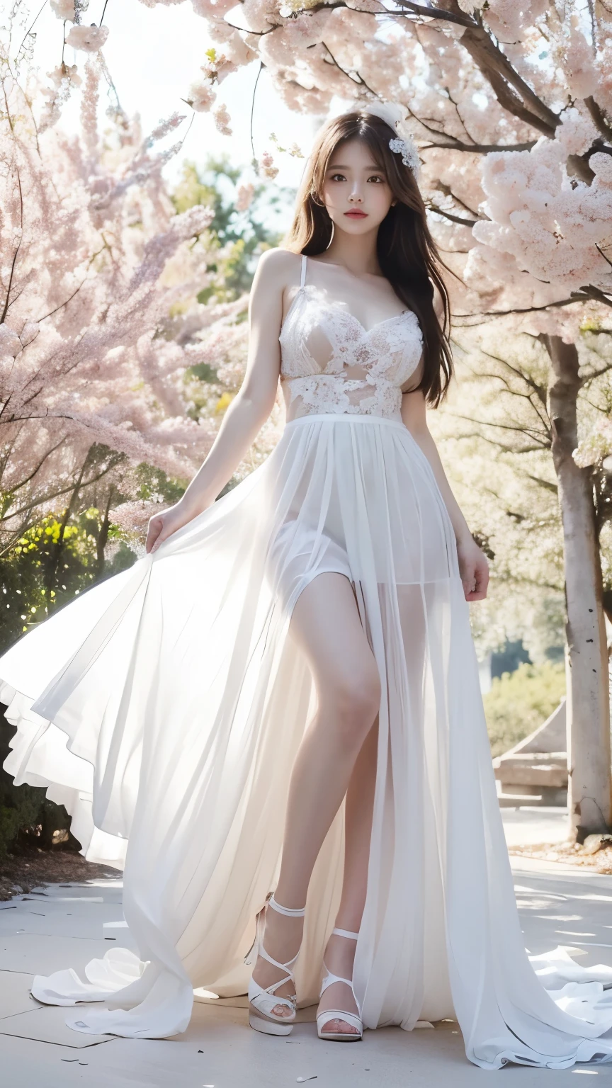 One girl, Long Hair, flower, in the style of white and light camisole, A dreamy, romantic piece, white, Mysterious Leaves, A playful arrangement, Fantasy, High Contrast, Ink strokes, Exposure, pink and white tone impression, Abstract, Attractive pose,Full Body