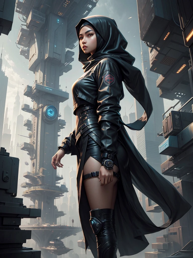 Illustrate a futuristic cityscape where a Malay girl in hijab uses her advanced technology and intelligence to solve complex cyber mysteries and navigate a high-tech, cyberpunk world