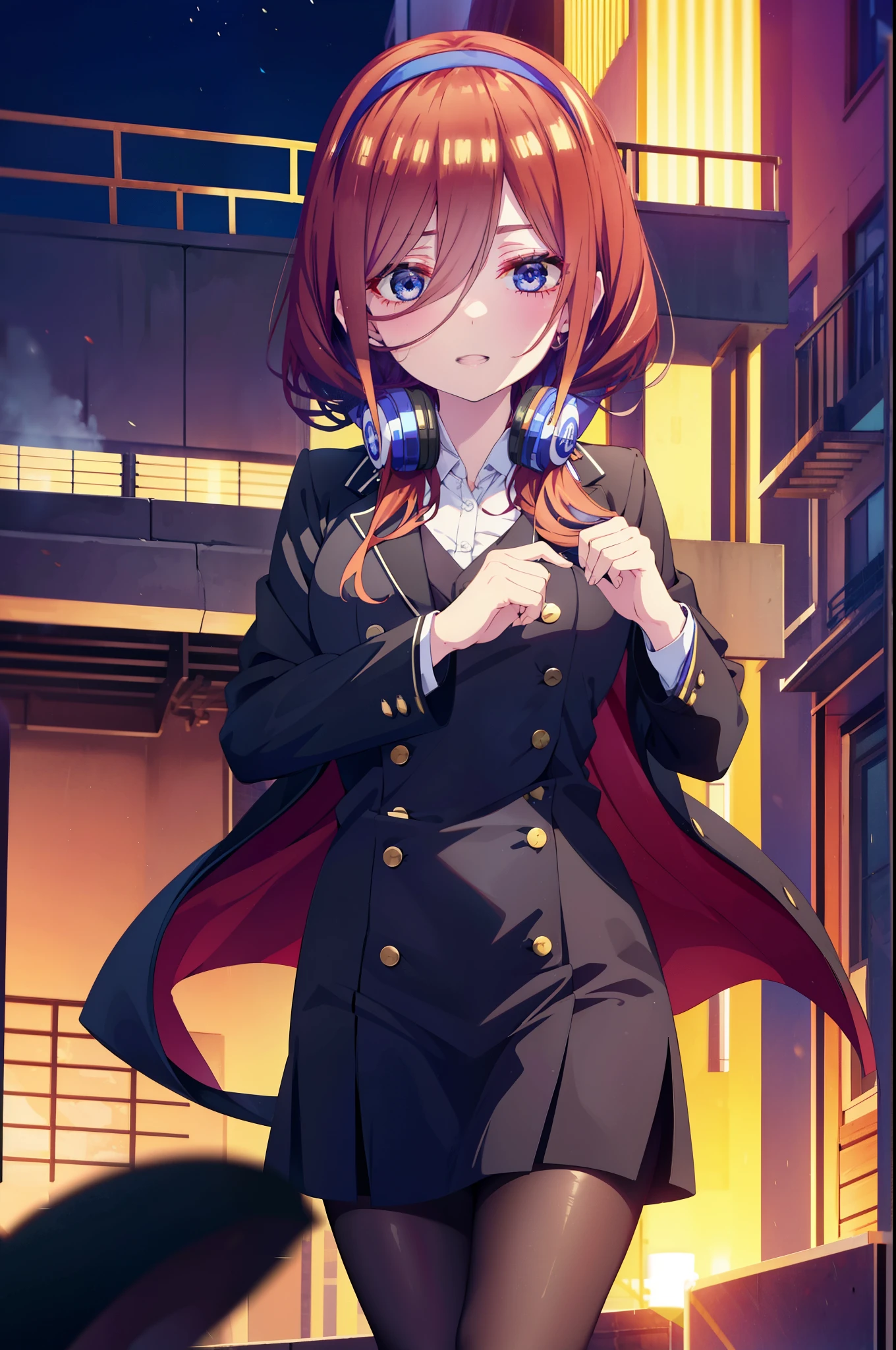 Miku Nakano, Miku Nakano, Long Hair, bangs, blue eyes, Brown Hair,,Blue Hairband ,Hair between the eyes, happy smile, smile, Open your mouth,Headphones around the neck,OL, Akagi Glasses, Black suit jacket, Collared jacket, White dress shirt, Collared shirt, Neckline, button, Black pencil skirt, Black Pantyhose,Stiletto heels,too,sunset,evening,too陽が沈んでいる, As if your whole body is in the illustration,Looking up from below,
break outdoors, city,Building district,
break looking at viewer, (Cowboy Shot:1. 5)
break (masterpiece:1.2), highest quality, High resolution, unity 8k wallpaper, (shape:0.8), (Beautiful details:1.6), Highly detailed face, Perfect lighting, Extremely detailed CG, (Perfect hands, Perfect Anatomy),