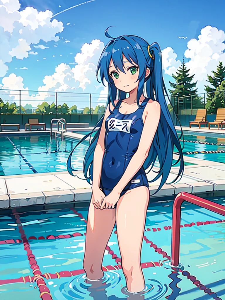 izumi konata,lucky star, masterpiece, best quality, blue hair, green eyes, ahoge,  long hair, 1girl, solo, highres, closed mouth, school swimsuit, goggles, swimming pool