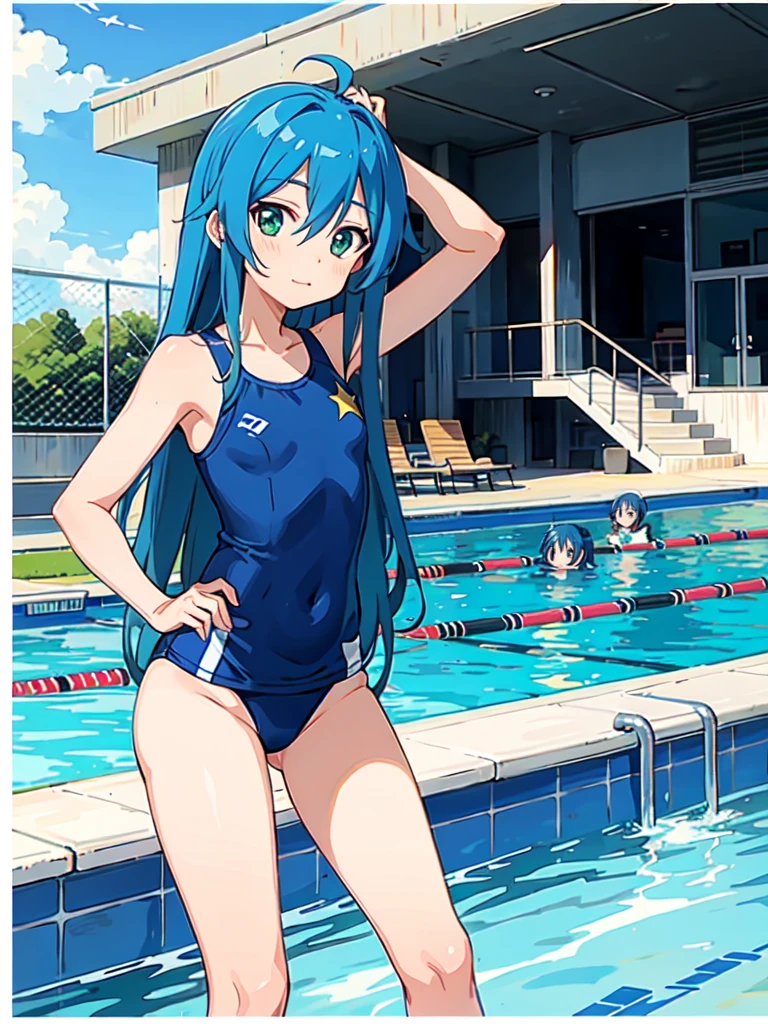 izumi konata,lucky star, masterpiece, best quality, blue hair, green eyes, ahoge,  long hair, 1girl, solo, highres, closed mouth, school swimsuit, goggles, swimming pool