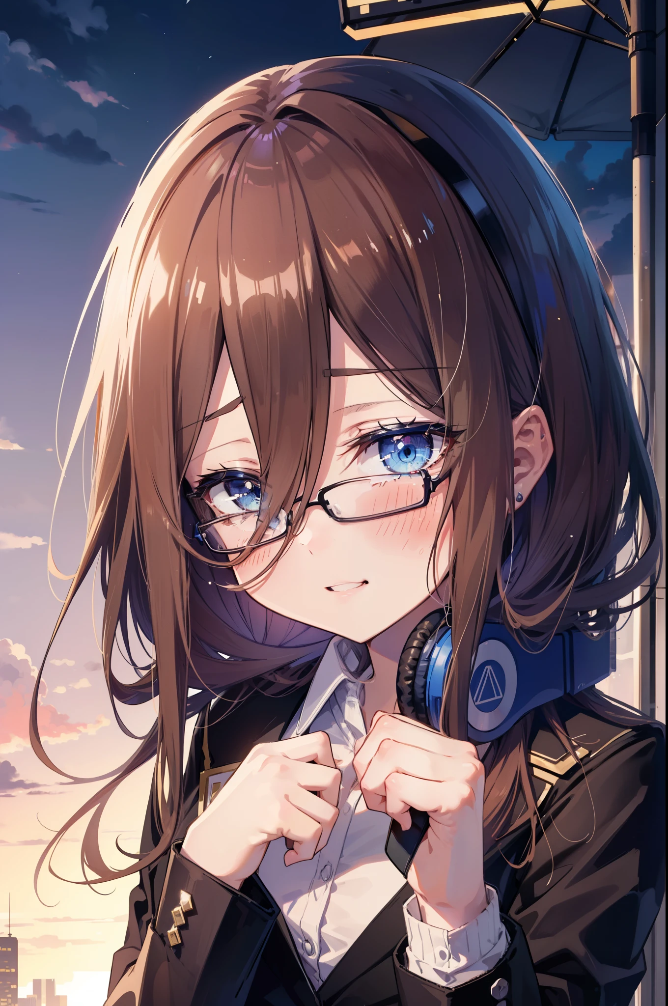 Miku Nakano, Miku Nakano, Long Hair, bangs, blue eyes, Brown Hair,,Blue Hairband ,Hair between the eyes, happy smile, smile, Open your mouth,Headphones around the neck,OL, Akagi glasses, Black suit jacket, Collared jacket, White dress shirt, Collared shirt, Neckline, button, Black pencil skirt, Black pantyhose,Stiletto heels,So that the whole body goes into the illustration,sunset,evening,The sun is setting, Looking up from below,
break outdoors, city,Building district,
break looking at viewer,  (Cowboy Shot:1. 5)
break (masterpiece:1.2), highest quality, High resolution, unity 8k wallpaper, (shape:0.8), (Beautiful details:1.6), Highly detailed face, Perfect lighting, Extremely detailed CG, (Perfect hands, Perfect Anatomy),