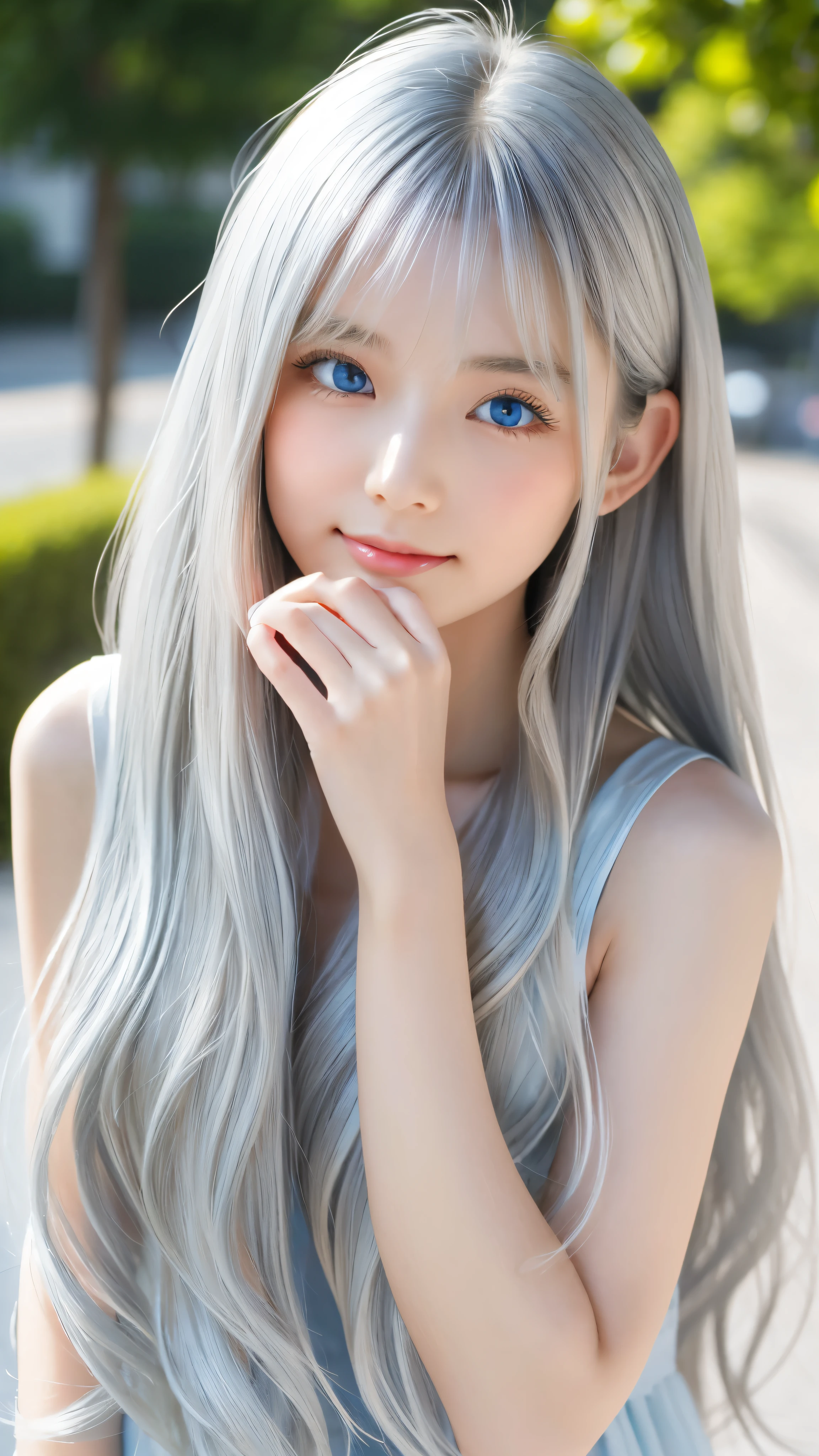 Shining, clear, white skin、Her windblown silver hair hides her beautiful face.、huge、Sexy beautiful face of 28 years old、Beautiful straight hair that stands out、growing up, Sparkling light blue eyes、Sexy long silky bangs covering the eyes, Sexy young woman with super long hair hiding her sexy face、Shining silver hair、(((Sexy Woman)))
