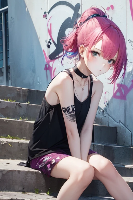 1girl, Wear casual clothes with bare shoulders, accessories, choker, (graffiti:1.2), staircase, looking at viewer, armband, blush, multicolored hair, (from below, sensual sitting pose, side view, full shot), (stylized:1.1), (Highly detailed), (high resolution), (Best quality), (masterpiece)
