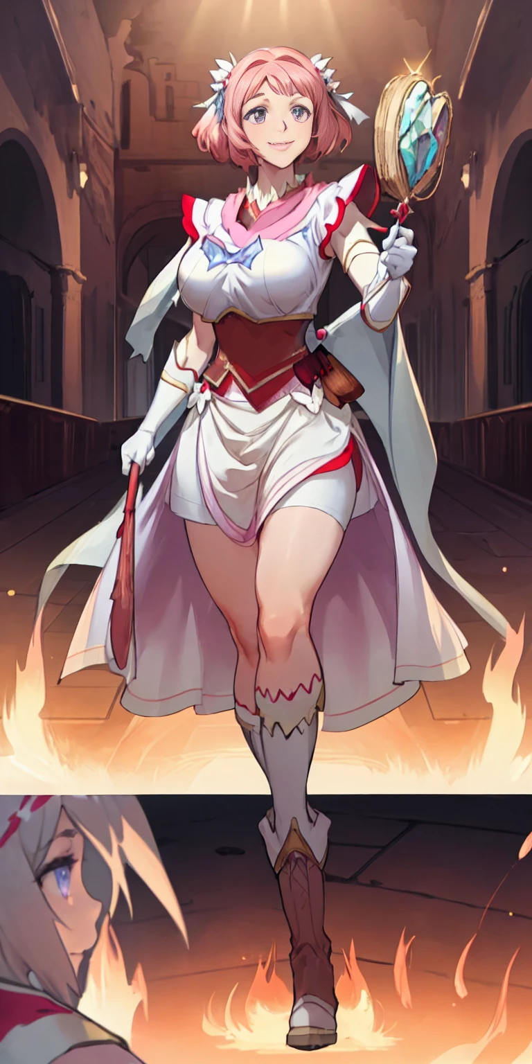 masterpiece, best quality, indoors, (Mamika Kirameki) (fairy, 1girl, solo, looking at viewer, hand arms full body, military boots, standing) cute, breast, curvy, female, fantasy goddess, there is a cartoon picture of a woman with a very large breast, glowing divine being, glowing holy aura, inspired by Luma Rouge, the non-binary deity of spring, ethereal rainbow nimbus, the butterfly goddess of fire, inspired by Mariel, glowing aura around her, astral wind, as the goddess of the Saturn, the prismatic person, big breast, serious, beautiful eyes, , full body, , long robe, long dress, ,priestess ,holy, smile, god rays, ray tracing, sparkle, cinematic lighting, UHD, retina, masterpiece, accurate, anatomically correct, textured skin, super detail, high details, high quality, award winning, best quality, high res, 1080P, HD, 4K, thunder aura, light aura, full body shot, snack staff, closed mouth, huge breast, curvy, bimbo, standing, heroic, pose, background ruin of a mystery city, UHD, retina, masterpiece, accurate, anatomically correct, textured skin, super detail, high details, high quality, award winning, best quality, high res, 1080P, HD, 4K, sun aura