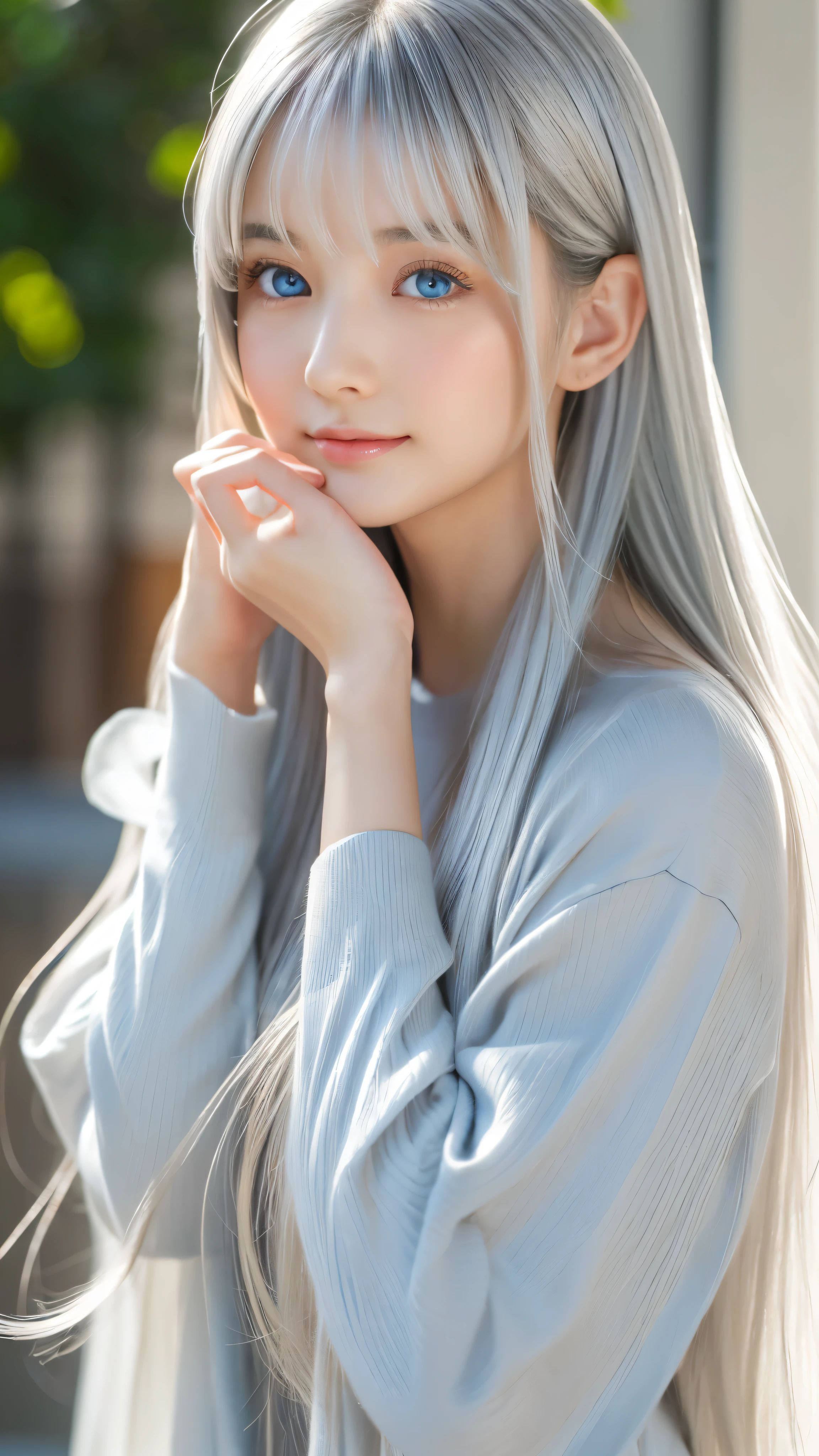 Shining, clear, white skin、Her windblown silver hair hides her beautiful face.、huge、Sexy beautiful face of 28 years old、Beautiful straight hair that stands out、growing up, Sparkling light blue eyes、Sexy long silky bangs covering the eyes, Sexy young woman with super long hair hiding her sexy face、Shining silver hair、(((Sexy Woman)))