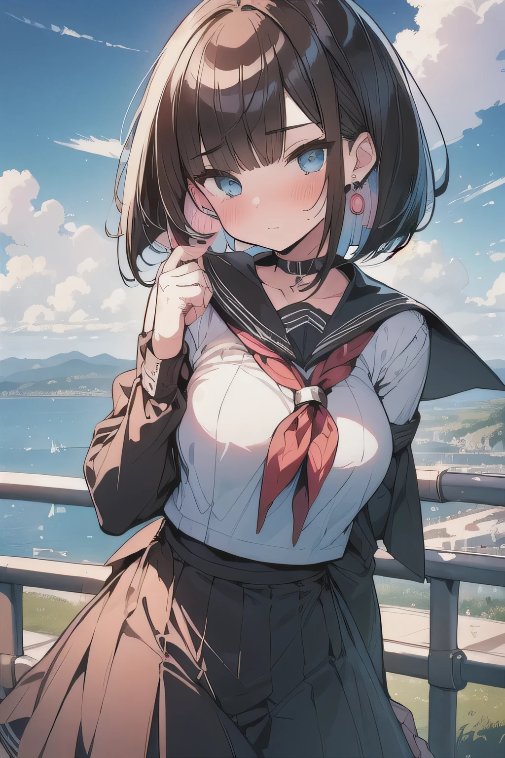 (best quality), (Super detailed), (Best Illustration), (masterpiece), (woman), high contrast, look at viewer, {(white serafuku:1.2)}, (large breasts), {(detailed eyes), blue eyes}, {brown hair, (sideburns), (bob cut:1.3), curly hair, hairs between eyes, colored inner hair}, blush, earring, wind, (panoramic view:1.3)