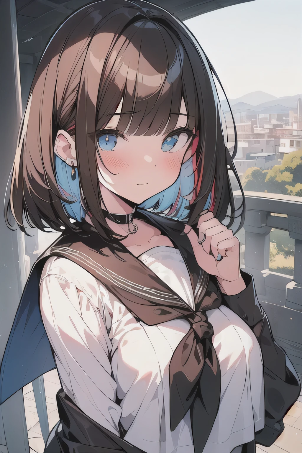 (best quality), (Super detailed), (Best Illustration), (masterpiece), (woman), high contrast, look at viewer, {(white serafuku:1.2)}, (large breasts), {(detailed eyes), blue eyes}, {brown hair, (sideburns), (bob cut:1.3), curly hair, hairs between eyes, colored inner hair}, blush, earring, wind, (panoramic view:1.3)