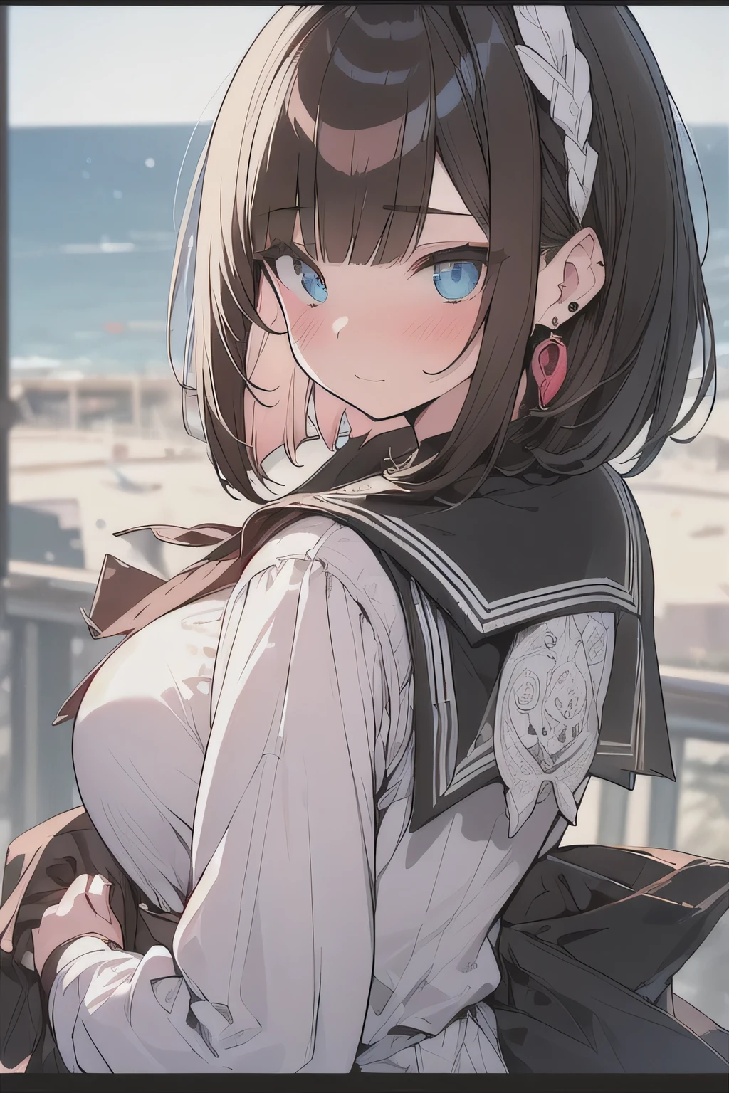 (best quality), (Super detailed), (Best Illustration), (masterpiece), (woman), high contrast, look at viewer, {(white serafuku:1.2)}, (large breasts), {(detailed eyes), blue eyes}, {brown hair, (sideburns), (bob cut:1.3), curly hair, hairs between eyes, colored inner hair}, blush, earring, wind, (panoramic view:1.3)