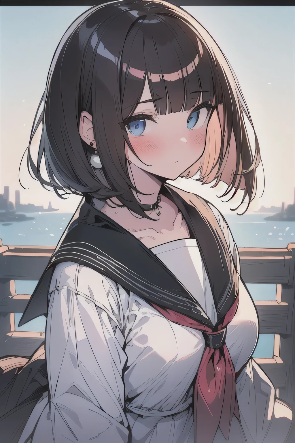 (best quality), (Super detailed), (Best Illustration), (masterpiece), (woman), high contrast, look at viewer, {(white serafuku:1.2)}, (large breasts), {(detailed eyes), blue eyes}, {brown hair, (sideburns), (bob cut:1.3), curly hair, hairs between eyes, colored inner hair}, blush, earring, wind, (panoramic view:1.3)