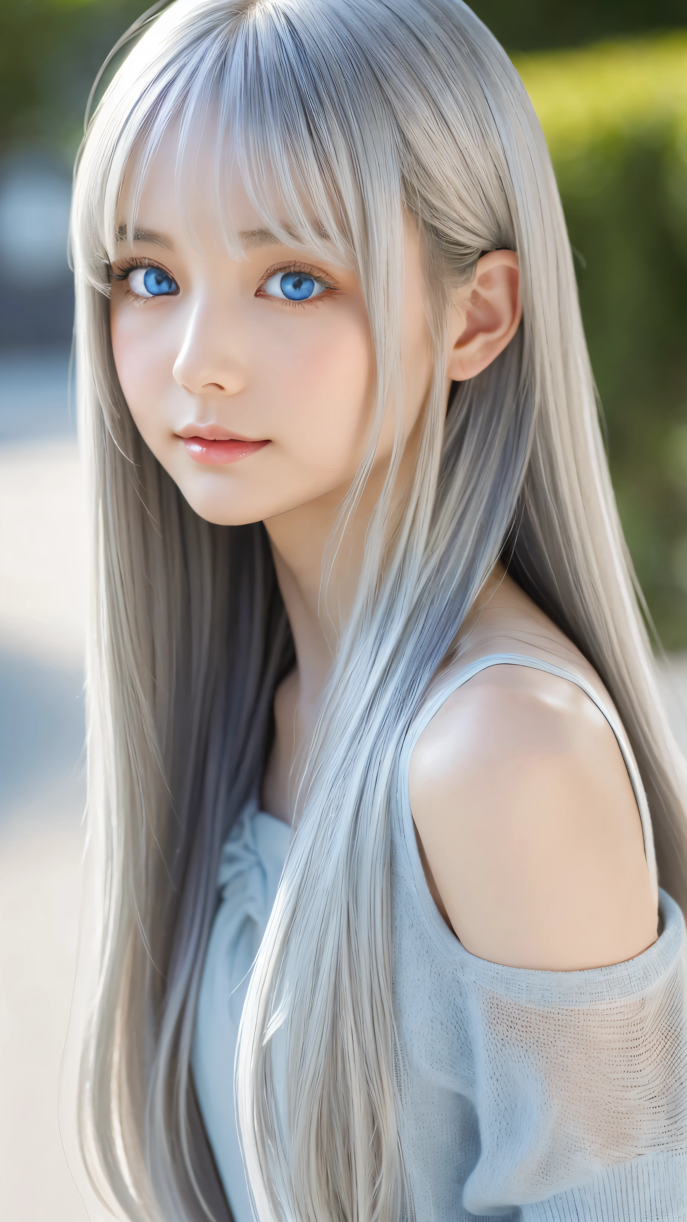 Shining, clear, white skin、Her windblown silver hair hides her beautiful face.、huge、Sexy beautiful face of 28 years old、Beautiful straight hair that stands out、growing up, Sparkling light blue eyes、Sexy long silky bangs covering the eyes, Sexy young woman with super long hair hiding her sexy face、Shining silver hair、(((Sexy Woman)))