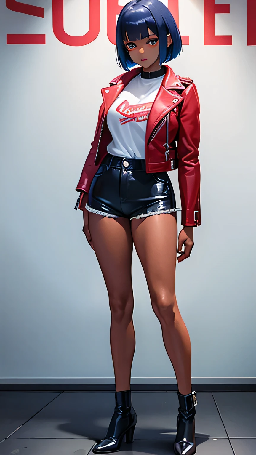 ２０Old dark skinned Latina girl、Bob Cut Hairstyle、Blue eyeshadow、Red hot pants and leather jacket、、A full-body photo from head to shoes, facing forward with hands hanging down、Anime Manga