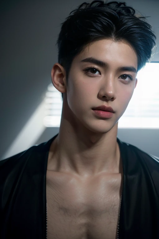 (8k, RAW Photos, highest quality,High resolution, masterpiece: 1.2). (Realistic, Realistic: 1.37),((Light on face:1.2)),((Cinema Lighting:1.2)),(Photorealism:1.4),(Real Image),(Photographic images),20-year-old,((Japanese)),(male:1.5), (High Top Fade:1.4), Dark Theme, Calm tone, Calm colors, High Contrast, (Natural skin texture, Hyperrealism, Soft Light, sharp),(Black suit)