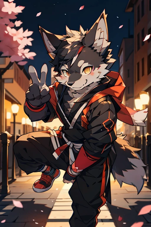 solo, male, balck wolf, (komono,furry, anthro), city, parkour, cherry blossom, dynamic lighting, twilight, glow, depth of field, top-quality,best qualityer,rzminjourney,vectorial art, , niji, round form,Bust, (humanoid wolf:1.2), Smiling warmly,Flashing friendly peace signs, detailed illustration
