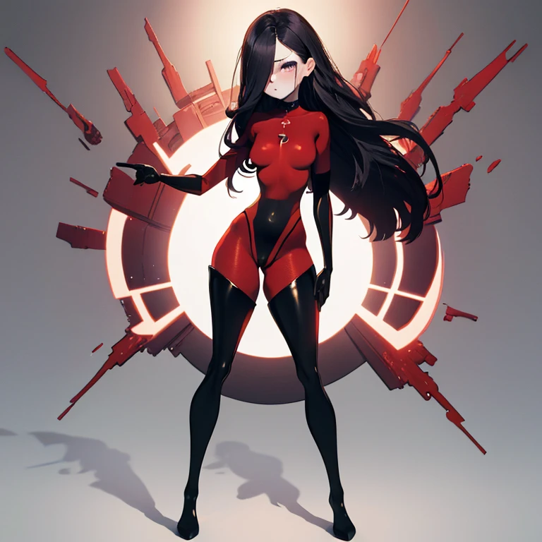 (full body),masterpiece, highest quality, ((One girl)), Violet Par,  Long Hair, Black Hair,  Hair on one eye,  (Red hero suit)，Red bodysuit，black elbow gloves，Black Thigh Boots，Thick thighs，Put your hands on your hips，Squat，Spread your legs，View your viewers, Face to endure humiliation, Simple Background 