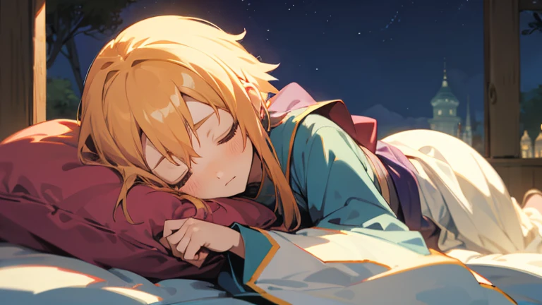 Anime-style pixelated wizard girl sleeping outside at night
