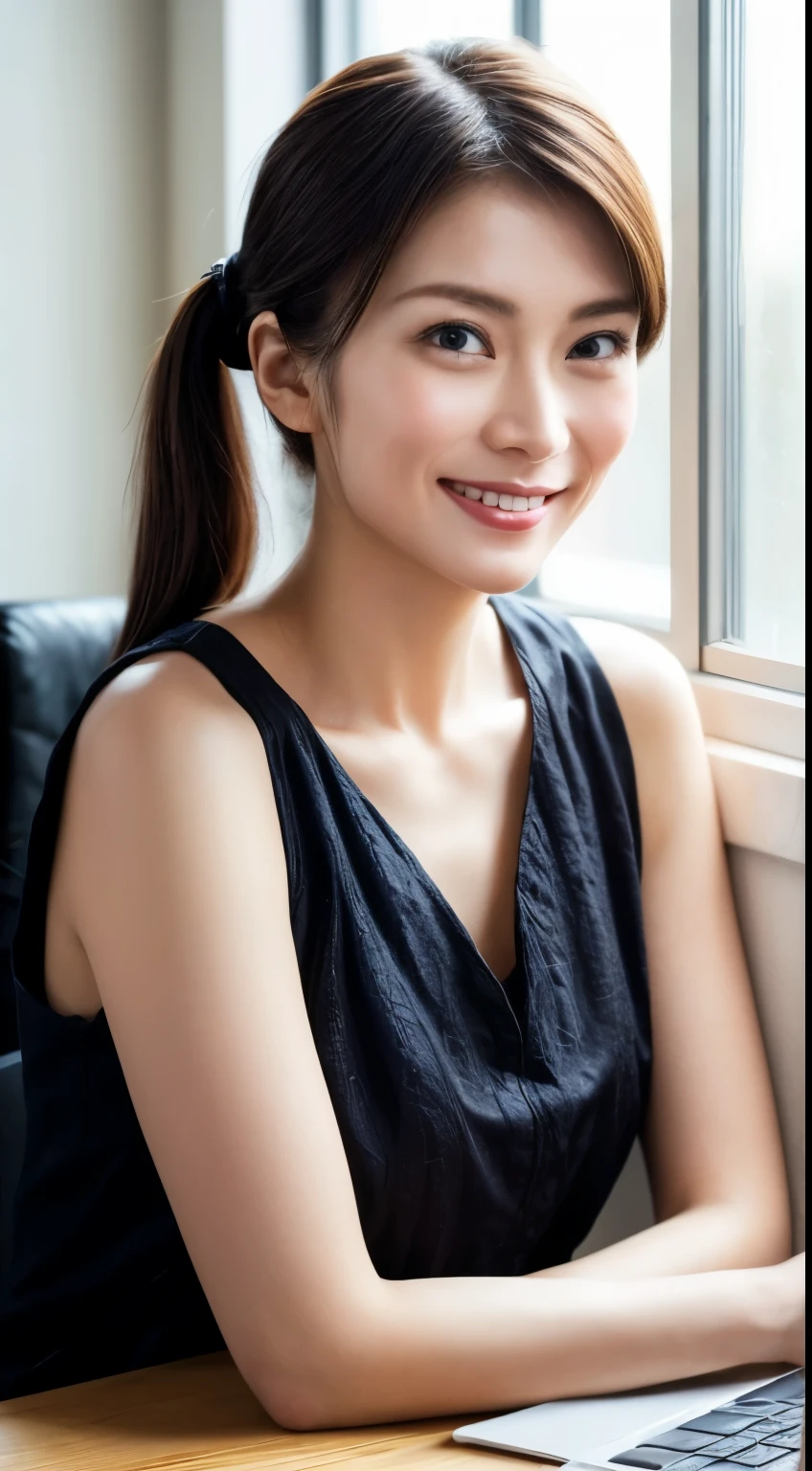 Ultra HD、Ultra-high resolution、8k、woman、uniform、Sit at a desk、Focus on faces、Realistic skin texture、Photorealistic:1.3、Short Hair、smile:0.9、blonde、40ature Woman、ponytail、