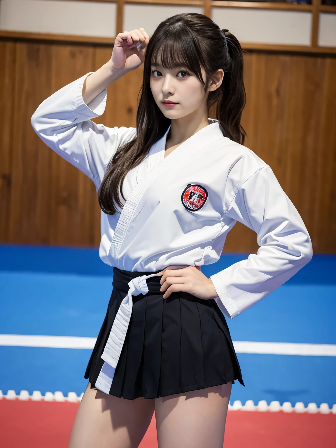 Best image quality,highest quality,masterpiece,4K,8k,highest quality,女性karate,in a karate道場 ring,  Chudan Gyakutsu pose, karate, Young Japanese Woman, Japanese Girls,karateのUniform,Black belt,karate大会、whole body、Big Breasts、Uniform、mini skirt、Too much exposure、No bra、Big 