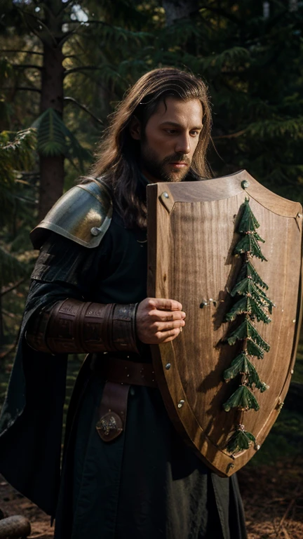 Forest at night, moonlight, Male medieval knight (ring mail), poor, ragged clothing, ((wooden shield)) ((shield with fir tree insignia))