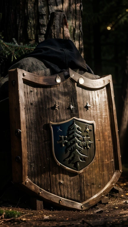 Forest at night, moonlight, Male medieval knight (ring mail), poor, ragged clothing, ((wooden shield)) ((shield with fir tree insignia))