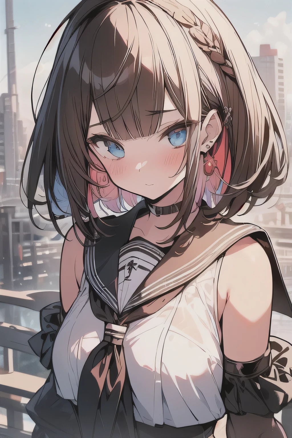 (best quality), (Super detailed), (Best Illustration), (masterpiece), (woman), high contrast, look at viewer, {(white serafuku:1.2)}, (large breasts), {(detailed eyes), blue eyes}, {brown hair, (sideburns), (bob cut:1.3), curly hair, hairs between eyes, colored inner hair}, blush, earring, wind, (panoramic view:1.3)