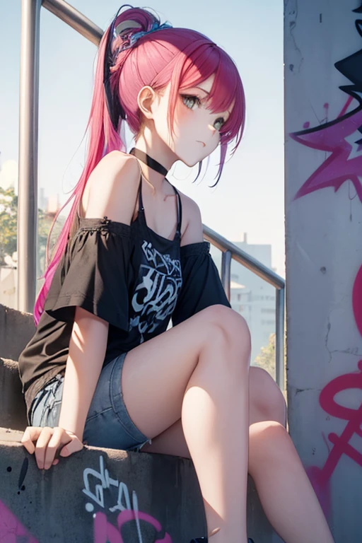 1girl, Wear casual clothes with bare shoulders, accessories, choker, (graffiti:1.2), staircase, looking at viewer, armband, blush, multicolored hair, (from below, sensual sitting pose, side view, full shot), (stylized:1.1), (Highly detailed), (high resolution), (Best quality), (masterpiece)
